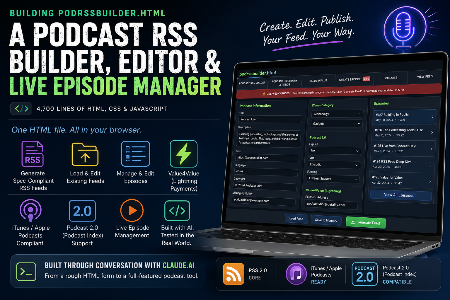 I just built a full-featured Podcast RSS Feed Creator/Editor using Claude.ai